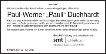 Traueranzeige von Paul-Werner  Duchhardt von Siegener Zeitung