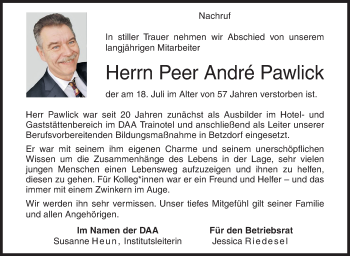 Traueranzeige von Peer André Pawlick von Siegener Zeitung