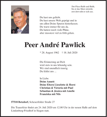 Traueranzeige von Peer André Pawlick von Siegener Zeitung