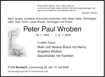 Traueranzeige von Peter Paul Wroben von Siegener Zeitung
