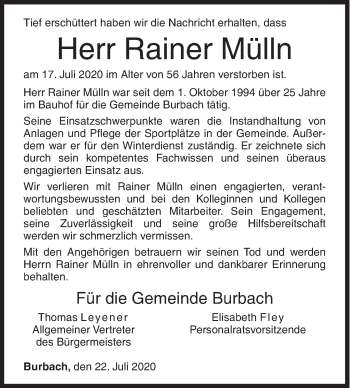 Traueranzeige von Rainer Mülln von Siegener Zeitung