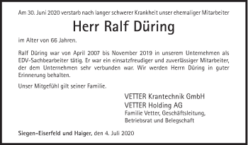 Traueranzeige von Ralf Düring von Siegener Zeitung
