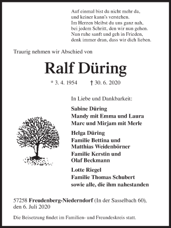 Traueranzeige von Ralf Düring von Siegener Zeitung