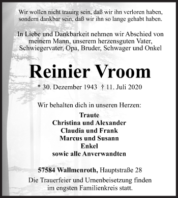 Traueranzeige von Reinier Vroom von Siegener Zeitung