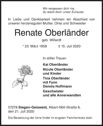 Traueranzeige von Renate Oberländer von Siegener Zeitung