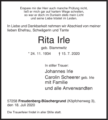 Traueranzeige von Rita Irle von Siegener Zeitung