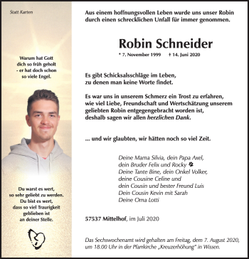 Traueranzeige von Robin Schneider von Siegener Zeitung
