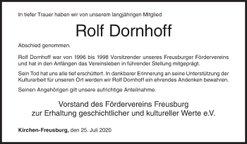 Traueranzeige von Rolf Dornhoff von Siegener Zeitung
