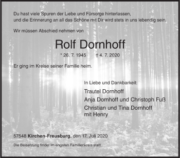 Traueranzeige von Rolf Dornhoff von Siegener Zeitung