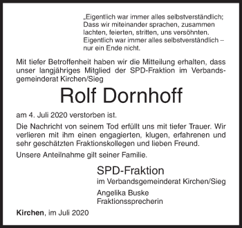Traueranzeige von Rolf Dornhoff von Siegener Zeitung