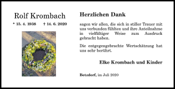 Traueranzeige von Rolf Krombach von Siegener Zeitung