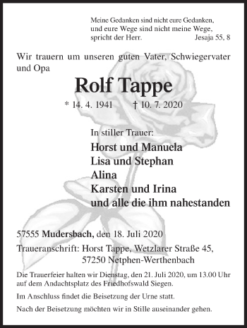 Traueranzeige von Rolf Tappe von Siegener Zeitung