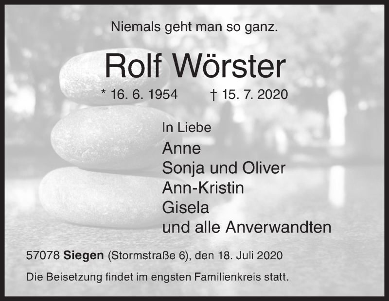  Traueranzeige für Rolf Wörster vom 18.07.2020 aus Siegener Zeitung