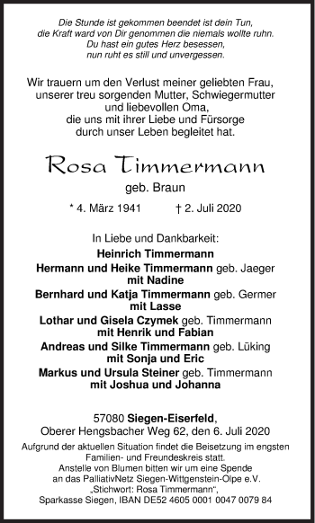 Traueranzeige von Rosa Timmermann von Siegener Zeitung