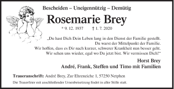 Traueranzeige von Rosemarie Brey von Siegener Zeitung