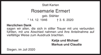 Traueranzeige von Rosemarie Ermert von Siegener Zeitung