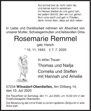 Traueranzeige von Rosemarie Remmel von Siegener Zeitung