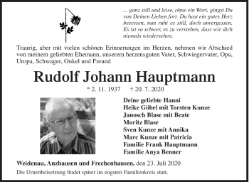 Traueranzeige von Rudolf Johann Hauptmann von Siegener Zeitung