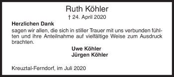 Traueranzeige von Ruth Köhler von Siegener Zeitung