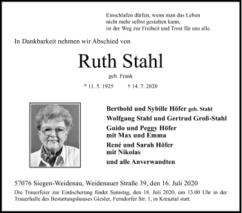 Traueranzeige von Ruth Stahl von Siegener Zeitung