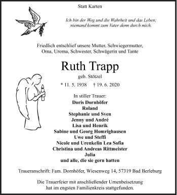 Traueranzeige von Ruth Trapp von Siegener Zeitung
