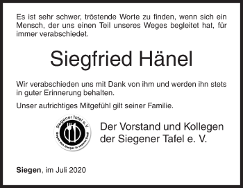 Traueranzeige von Siegfried Hänel von Siegener Zeitung
