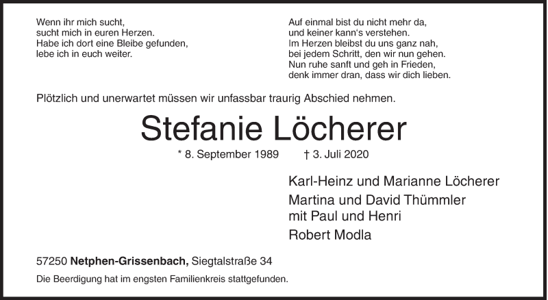  Traueranzeige für Stefanie Löcherer vom 25.07.2020 aus Siegener Zeitung