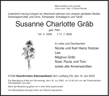 Traueranzeige von Susanne Charlotte Gräb von Siegener Zeitung