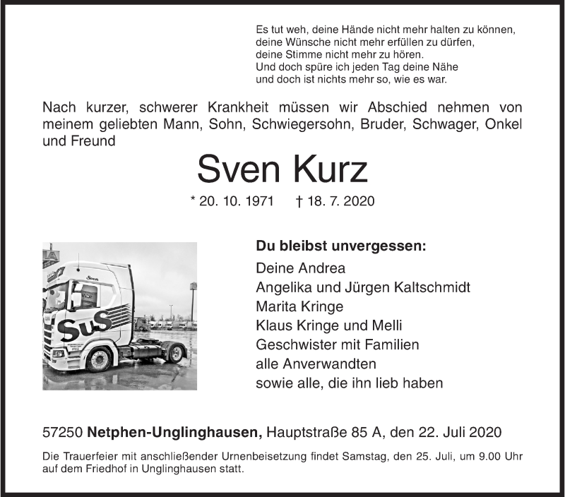  Traueranzeige für Sven Kurz vom 22.07.2020 aus Siegener Zeitung