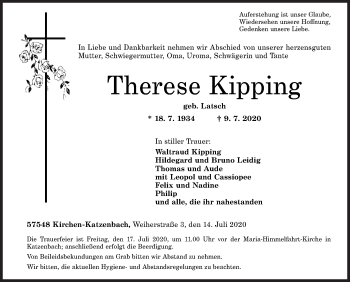 Traueranzeige von Therese Kipping von Siegener Zeitung