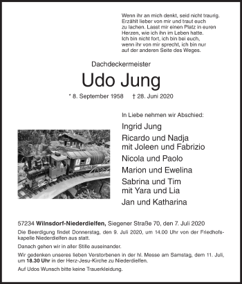 Traueranzeige von Udo Jung von Siegener Zeitung