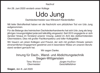 Traueranzeige von Udo Jung von Siegener Zeitung