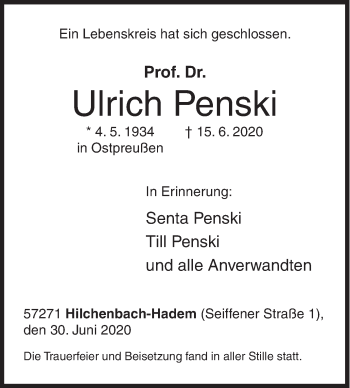 Traueranzeige von Ulrich Penski von Siegener Zeitung