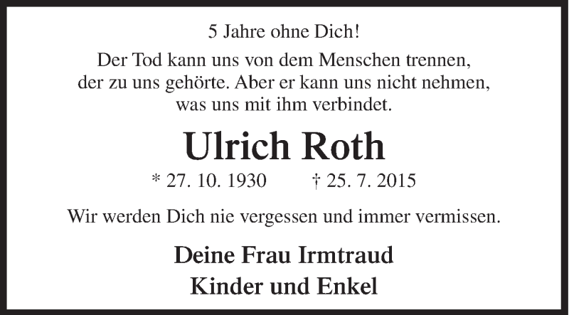  Traueranzeige für Ulrich Roth vom 25.07.2020 aus Siegener Zeitung