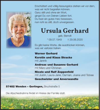Traueranzeige von Ursula Gerhard von Siegener Zeitung
