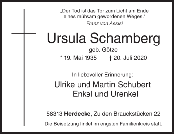 Traueranzeige von Ursula Schamberg von Siegener Zeitung