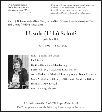 Traueranzeige von Ursula Schuß von Siegener Zeitung