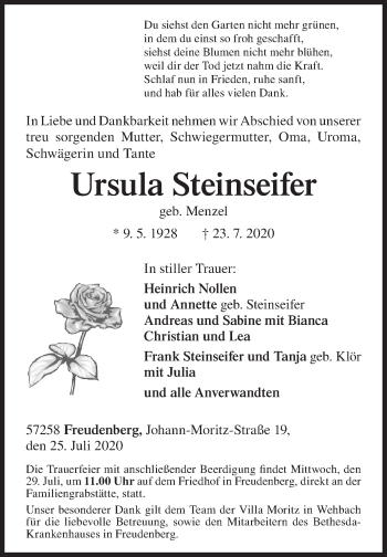 Traueranzeige von Ursula Steinseifer von Siegener Zeitung