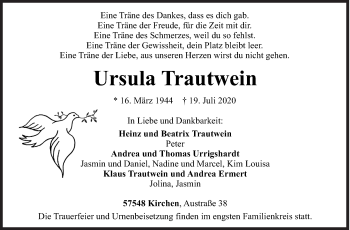 Traueranzeige von Ursula Trautwein von Siegener Zeitung