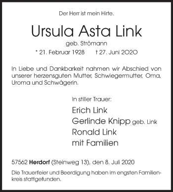 Traueranzeige von Ursula Asta Link von Siegener Zeitung