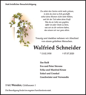 Traueranzeige von Walfried Schneider von Siegener Zeitung