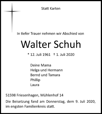 Traueranzeige von Walter Schuh von Siegener Zeitung