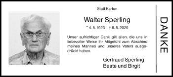 Traueranzeige von Walter Sperling von Siegener Zeitung