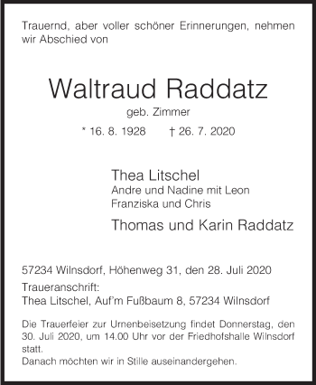 Traueranzeige von Waltraud Raddatz von Siegener Zeitung