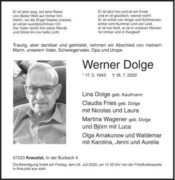 Traueranzeige von Werner Dolge von Siegener Zeitung