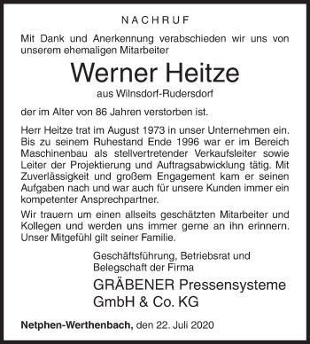 Traueranzeige von Werner Heitze von Siegener Zeitung