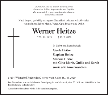 Traueranzeige von Werner Heitze von Siegener Zeitung