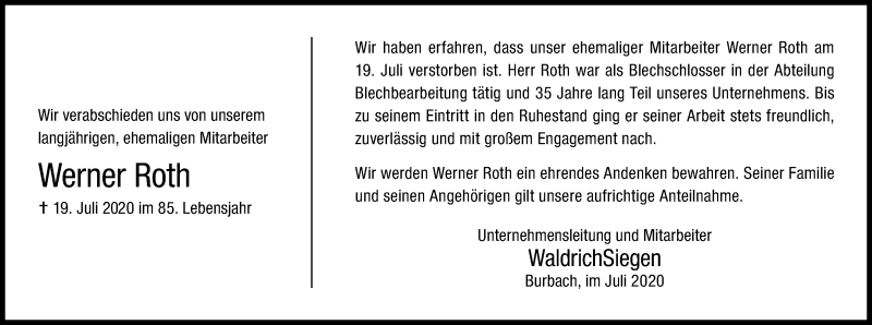  Traueranzeige für Werner Roth vom 25.07.2020 aus Siegener Zeitung