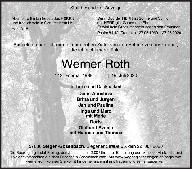  Traueranzeige für Werner Roth vom 22.07.2020 aus Siegener Zeitung