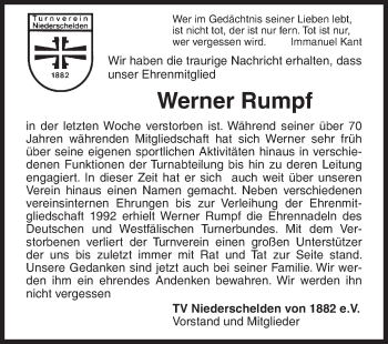 Traueranzeige von Werner Rumpf von Siegener Zeitung
